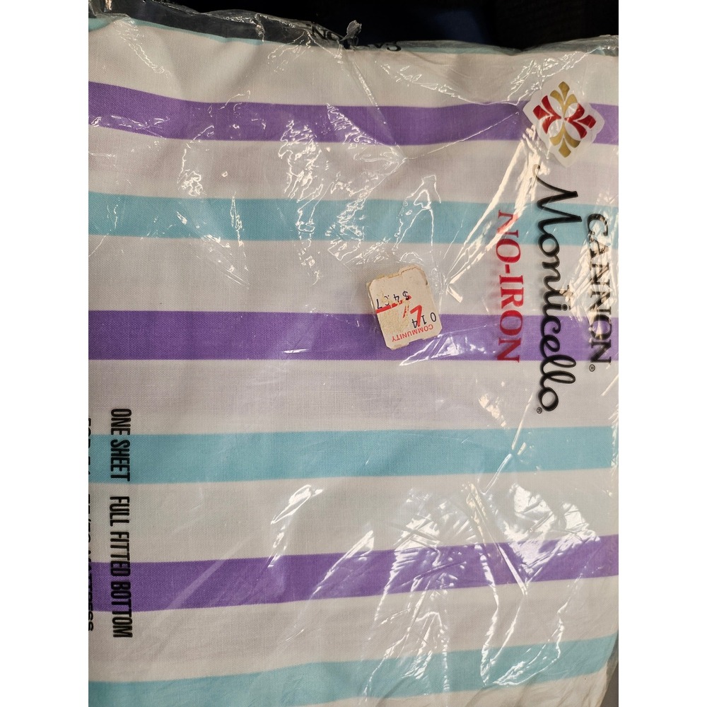 Vintage Cannon Monticello Full Fitted Sheet Striped Blue Purple No-Iron USA Made